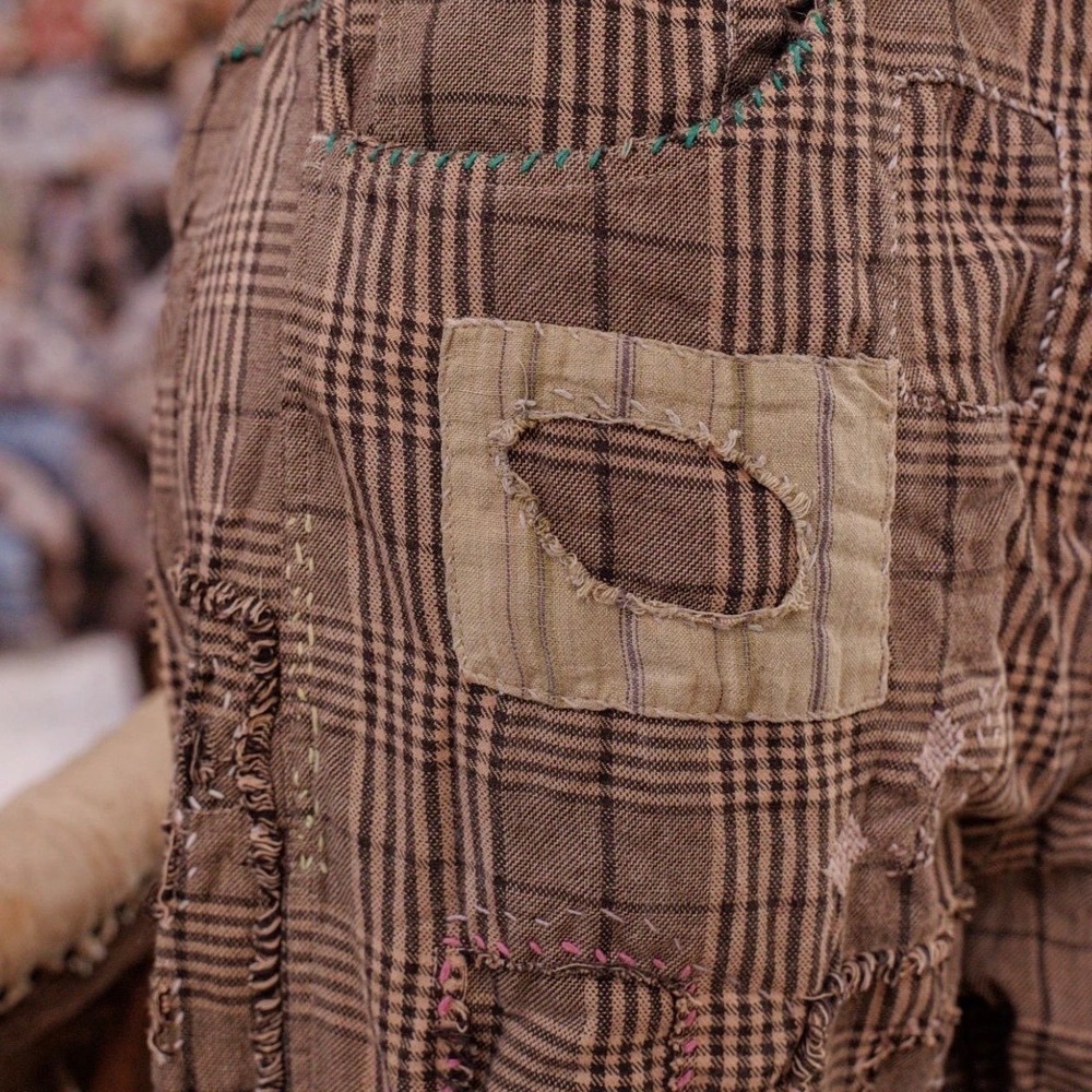 Magnolia Pearl Yarn Dyed Cotton Patchwork Check Miner Pants Adjustable Waist NEW - Picture 7 of 14